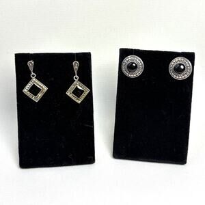 Vintage 925 Silver w Onyx Stone Earrings 2 Pairs Dangle and Round Stud